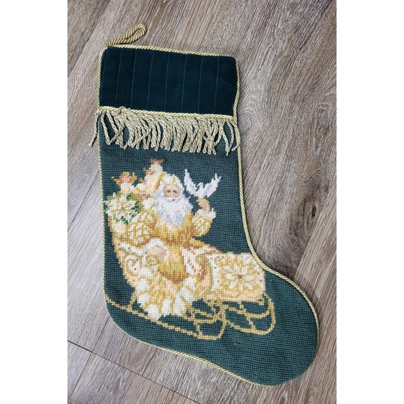 Wool Woolen Blank Needlepoint Christmas Stocking Velvet 20" Xmas Santa on Sleigh